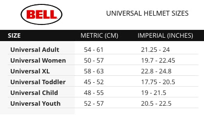 Bell Universal Helmet size chart