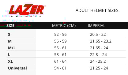 Lazer Adult Size Charts