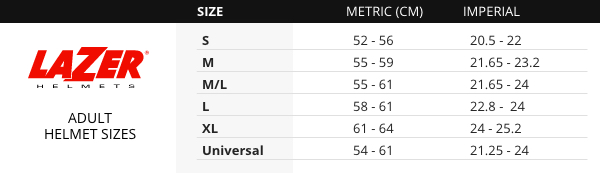 Lazer Adult Size Charts
