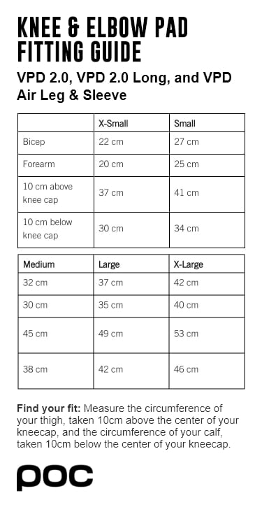 POC Knee and Elbow VPD 2.0 size chart